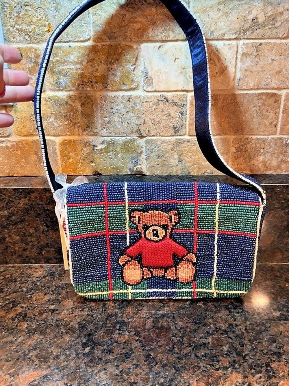 Plaid Beaded Teddy Bear Shoulder Bag